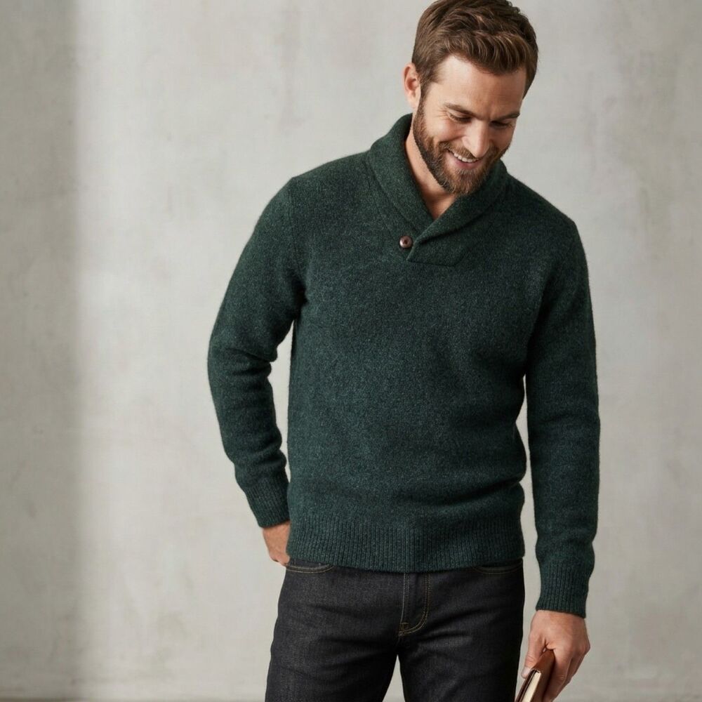 Eddie Bauer Vintage Green Wool Shawl Collar Sweater Rustic Heritage Outdoor Sz M